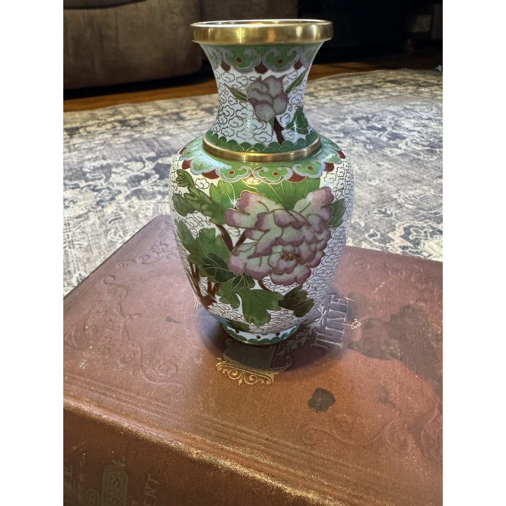 Vintage Cloisonné 5" Vase w/ Flowers Enamel‎ On Brass Bottom Chinese